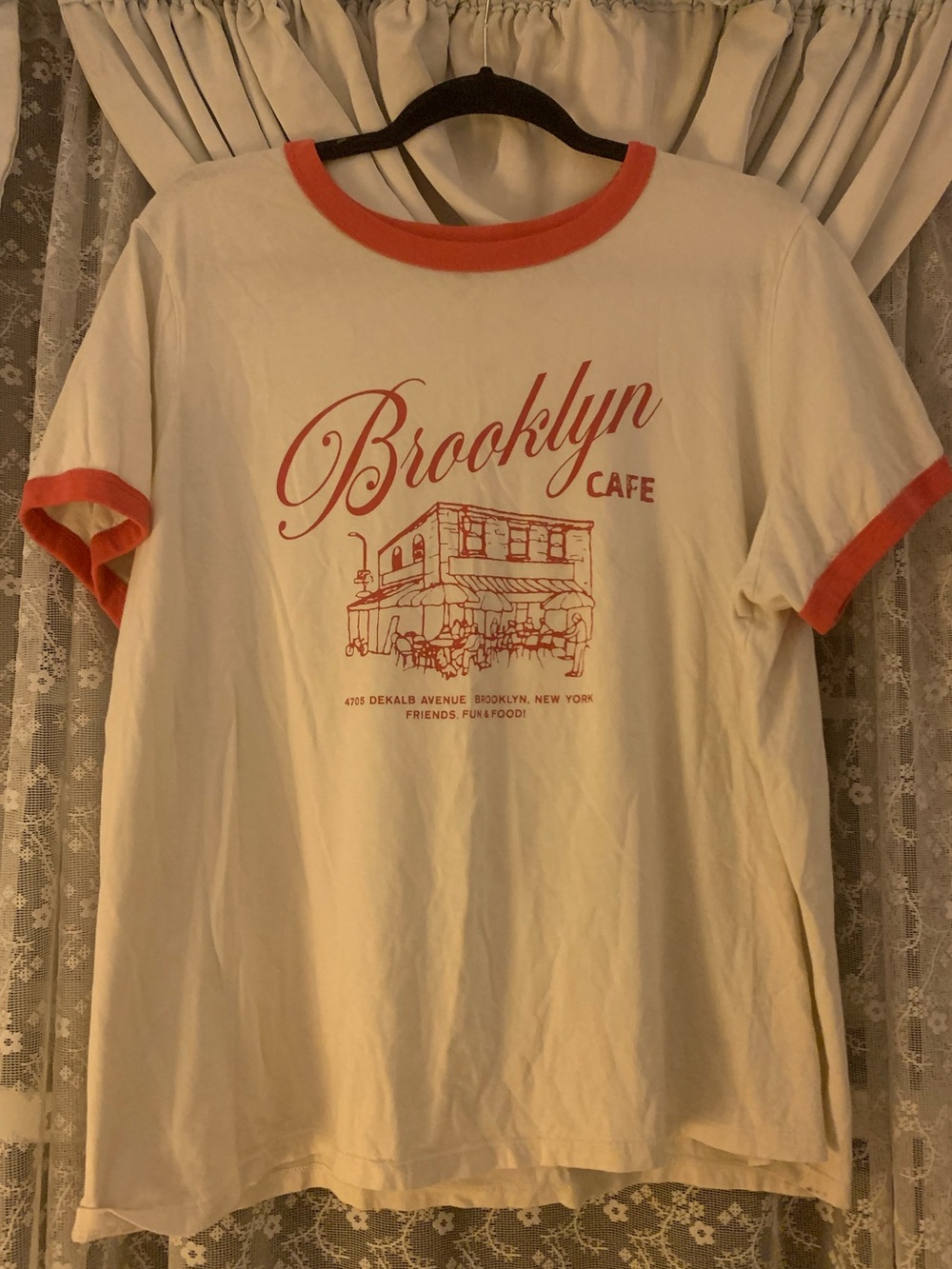 Old Navy Cream Ringer Tee with Orange Trim and Brooklyn Cafe Graphic